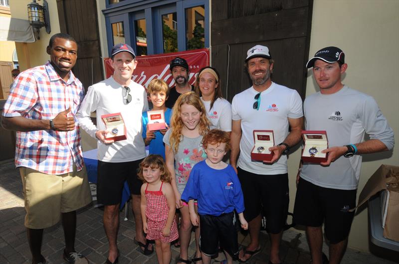 Winners receive signature timepieces from Cardow Jewelers (l to r) Awards Presenter, Julius Jackson, Don Wilson, Teddy Nicolosi, Josh McCaffrey, Amanda Engeman, Willem van Waay, Jordan Reece at the 6th Carlos Aguilar Match Race photo copyright Dean Barnes taken at St. Thomas Yacht Club and featuring the Match Racing class