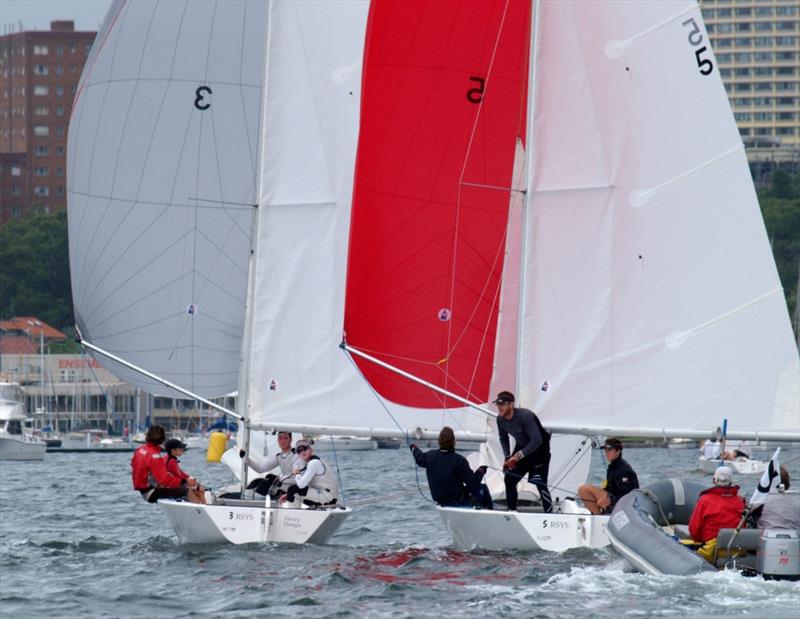 David Gilmour (boat5) closing up on Jay Griffinn in last year's Hardy Cup photo copyright RSYS taken at Royal Sydney Yacht Squadron and featuring the Match Racing class