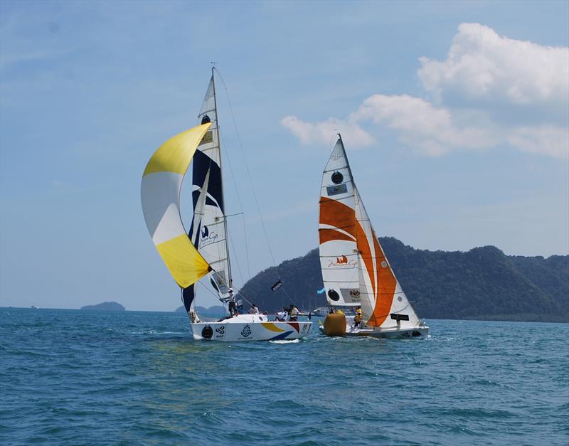 Koo leading Masyuri in the first race at the Liga Layar Malaysia Match Racing photo copyright Liga Layar Malaysia taken at  and featuring the Match Racing class