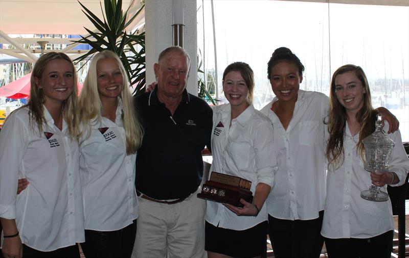 Milly Bennett (far right) and her crew receiving the Marinassess Women's Match Racing regatta trophy from John Messenger - photo © CYCA Staff