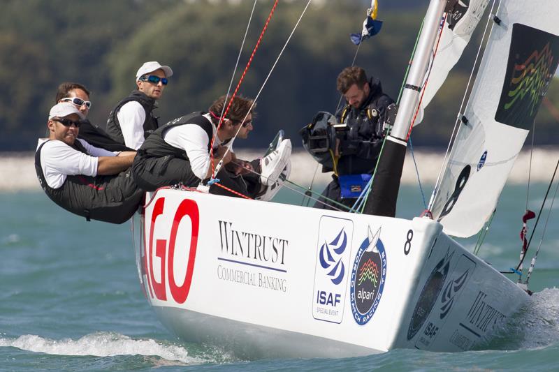 Mathieu Richard (FRA) LunaJets during the Quarter Finals of the Chicago Match Cup photo copyright Ian Roman / AWMRT taken at Chicago Match Race Center and featuring the Match Racing class