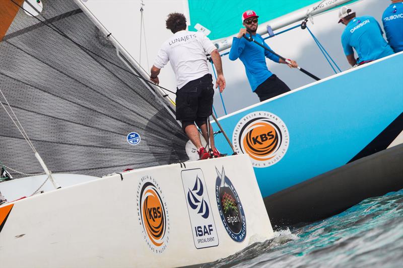 Taylor Canfield of US One in action against Matheiu Richard on day 4 of the Monsoon Cup photo copyright Robert Hajduk / AWMRT taken at  and featuring the Match Racing class