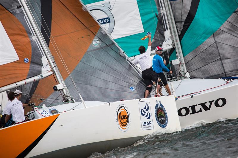 High action between Mathieu Richard and Taylor Canfield on day 4 of the Monsoon Cup photo copyright Robert Hajduk / AWMRT taken at  and featuring the Match Racing class