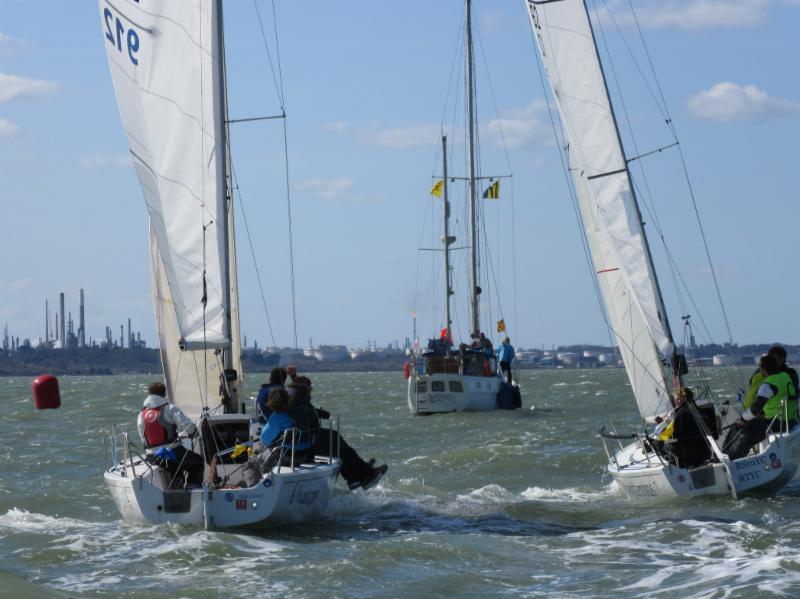 Annabel Vose (L) and Matt Reid (R) contest the start at the Royal Southern Match Cup Qualifier at Hamble photo copyright Colin Hall taken at Hamble River Sailing Club and featuring the Match Racing class