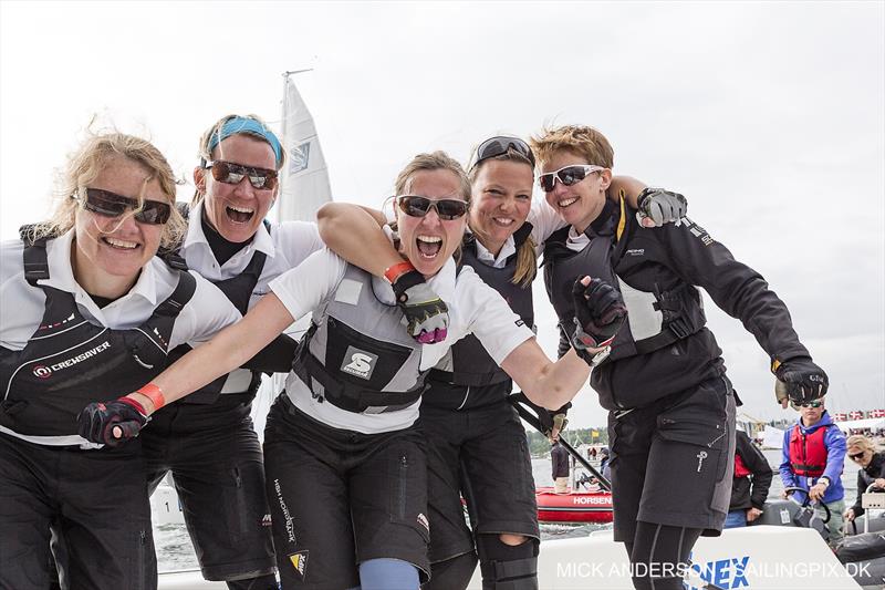 Lotte Meldgaard's Danish team win the 2015 ISAF Women's Match Racing World Championship in Middelfart photo copyright Mick Anderson / www.sailingpix.dk taken at Middelfart Sailing Club and featuring the Match Racing class