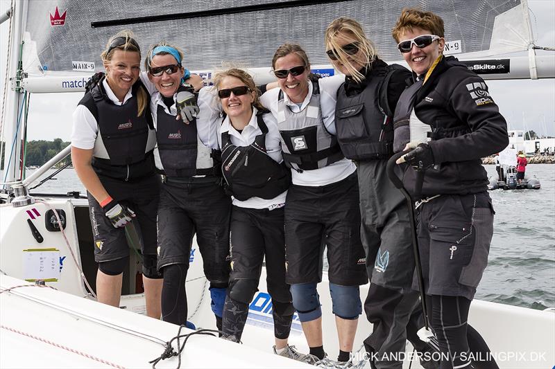 Lotte Meldgaard's Danish team win the 2015 ISAF Women's Match Racing World Championship in Middelfart photo copyright Mick Anderson / www.sailingpix.dk taken at Middelfart Sailing Club and featuring the Match Racing class