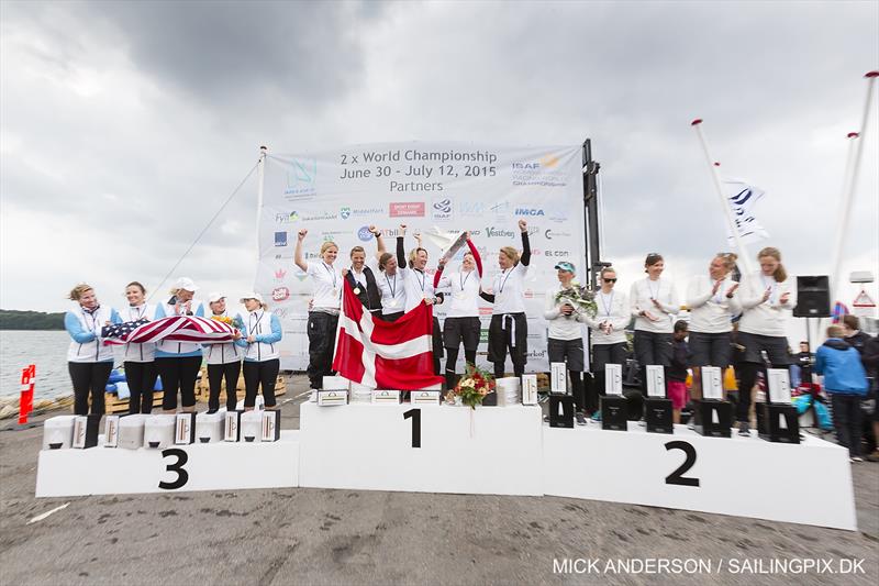 2015 ISAF Women's Match Racing World Championship in Middelfart podium photo copyright Mick Anderson / www.sailingpix.dk taken at Middelfart Sailing Club and featuring the Match Racing class