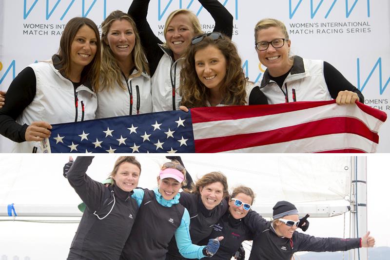 (above) Aimee Famularo, Genny Tulloch, Maggie Shea, Meg Six & Janel Zarkowsky of Epic Racing, USA, secured the 2015 WIM Series title (below) Anne-Claire Le Berre, Mathilde Geron, Julie Gericht, Sigrid Longeau & Morgane Gautier win the Busan Cup photo copyright Kim Wolf / WIM Series taken at  and featuring the Match Racing class