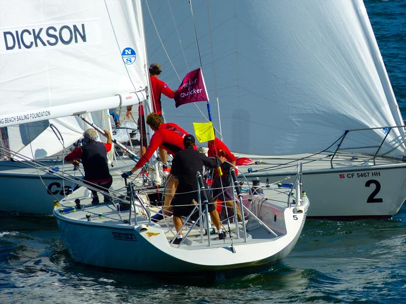 Scott Dickson attacks David Storrs in the Ficker Cup finals photo copyright Betsy Crowfoot / LBYC taken at Long Beach Yacht Club and featuring the Match Racing class