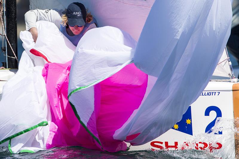 Spinnaker drop on day 2 of the Sharp Australian Youth Match Racing Championship photo copyright Andrea Francolini taken at Cruising Yacht Club of Australia and featuring the Match Racing class