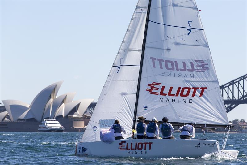 Tom Grimes (CYCA) leads 1-0 over Finn Tapper (CYCA) in their semi-final on day 3 of the Sharp Australian Youth Match Racing Championship photo copyright Andrea Francolini taken at Cruising Yacht Club of Australia and featuring the Match Racing class