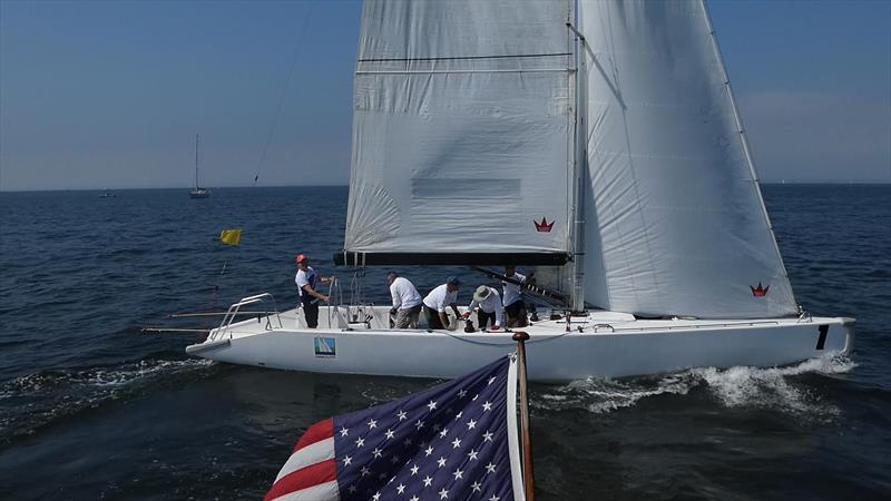 Minima crew at close-quarters as they circle a spectator boat in the pre-start against Royal Nova Scotia at the Seawanhaka International Challenge. The jib is being held aback to turn the Match 40 faster. Tech tops courtesy of Spinlock photo copyright John Forbes taken at Seawanhaka Corinthian Yacht Club and featuring the Match Racing class