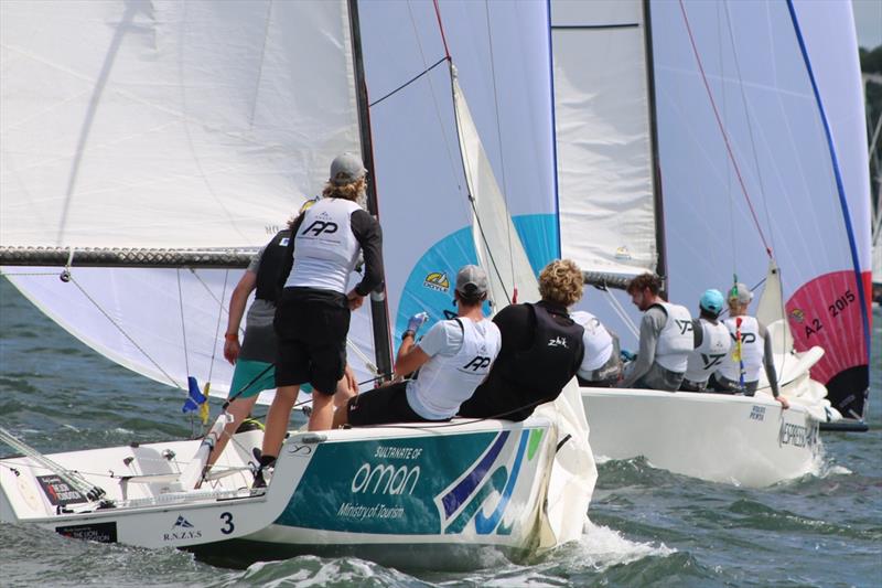 Stevenson leads Egnot Johnson on day 3 of the 2018 Nespresso Youth International Match Racing Cup photo copyright Andrew Delves taken at Royal New Zealand Yacht Squadron and featuring the Match Racing class