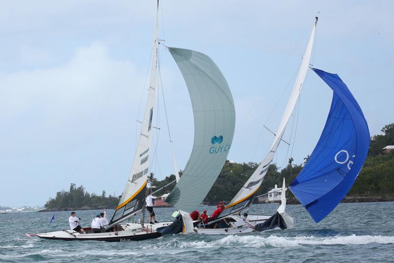 Chris Poole's Riptide Racing has a piece of Phil Robertson's China One Ningbo at the second windward mark of their Group A match, which Poole would go on to win on day 2 of the 70th Bermuda Gold Cup and 2020 Open Match Racing Worlds photo copyright Charles Anderson taken at Royal Bermuda Yacht Club and featuring the Match Racing class