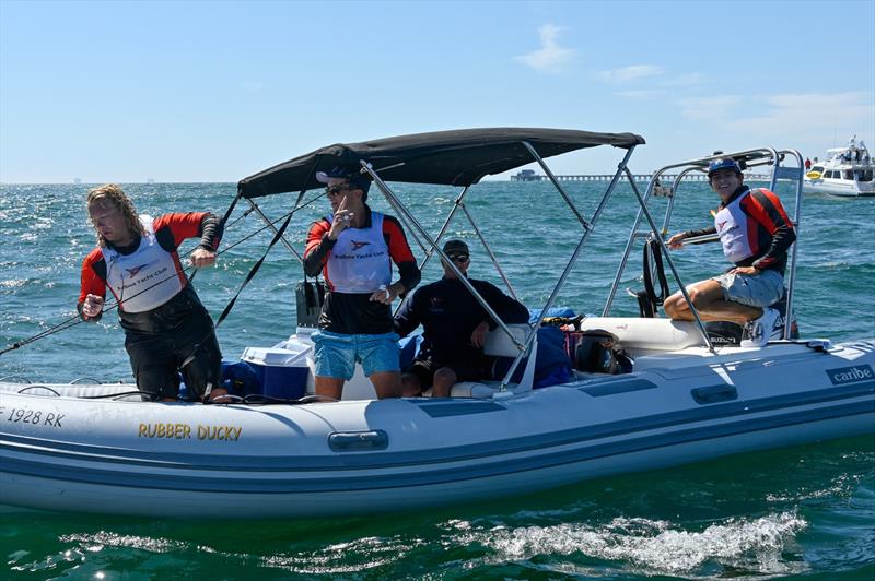 Bosun Greg Newman picked up Team Petersen after their “victory dunk”  in the Pacific Ocean at the Governor's Cup 2021 - photo © Tom Walker