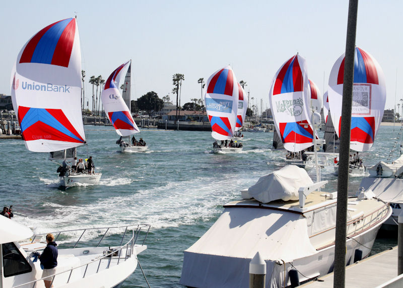Switzerland's Eric Monnin leads  the exhibition fleet race home on day four of the 49th Congressional Cup photo copyright Rich Roberts taken at Long Beach Yacht Club and featuring the Match Racing class