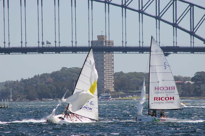Spinnaker issues caused Gilmour to drop his match against Parker during the Australian Youth Match Racing Championship - photo © CYCA Staff
