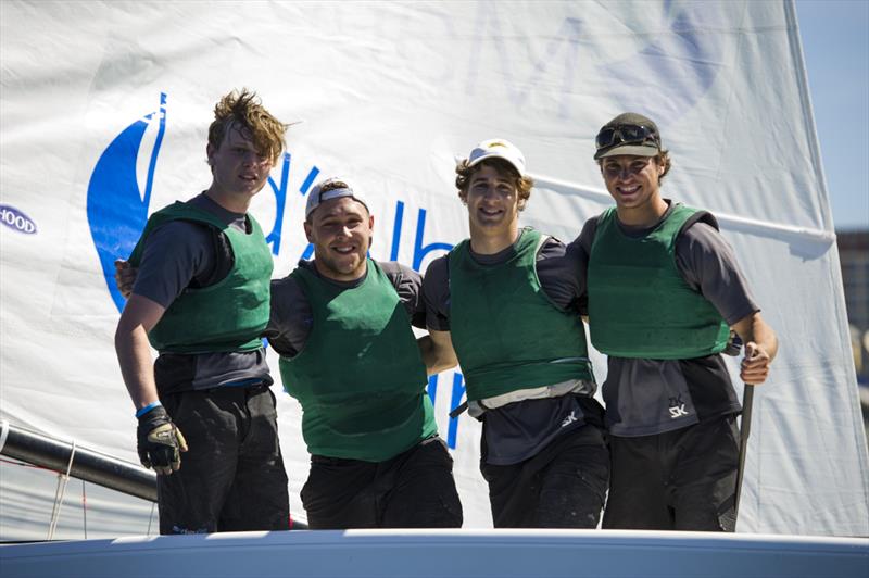 Sam Gilmour and team celebrate their win at the Australian Youth Match Racing Championship photo copyright Brett Hemmings / www.sailpix.com.au taken at Cruising Yacht Club of Australia and featuring the Match Racing class