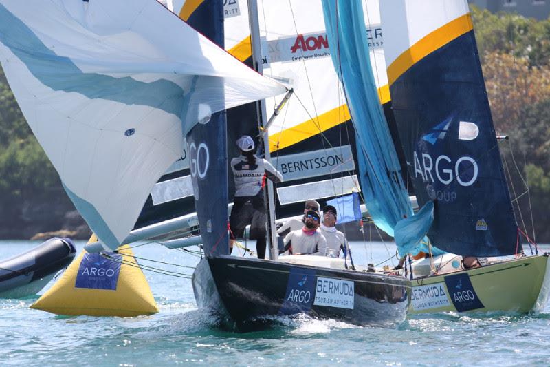 Taylor Canfield's USone team leads Johnie Berntsson - 2018 Argo Group Gold Cup - Day 1 photo copyright Charles Anderson / RBYC taken at Royal Bermuda Yacht Club and featuring the Match Racing class