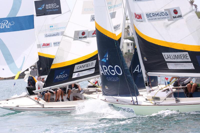 With as many as four matches in play at the same time, Hamilton Harbour is a crowded racecourse when some crews are sailing upwind and others downwind - 2018 Argo Group Gold Cup - Day 2 photo copyright Charles Anderson / RBYC taken at Royal Bermuda Yacht Club and featuring the Match Racing class