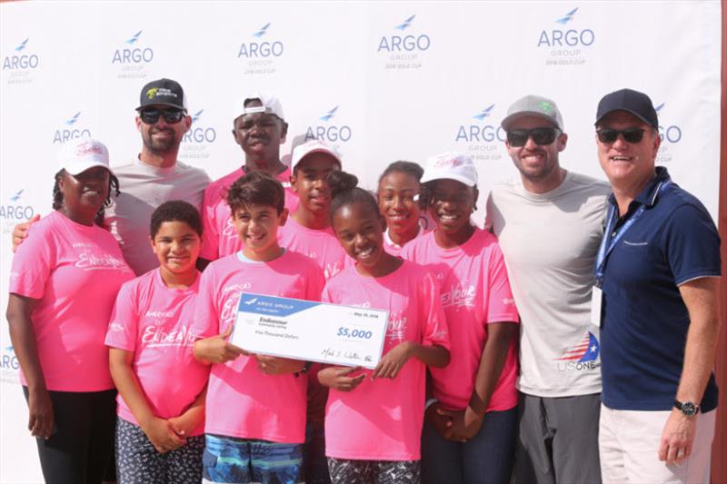 Gary Grose (right), of Argo Group, joins Taylor Canfield (to his left), Mike Buckley (second from left) and members of the Endeavour Community Sailing Programme photo copyright Charles Anderson / RBYC taken at Royal Bermuda Yacht Club and featuring the Match Racing class