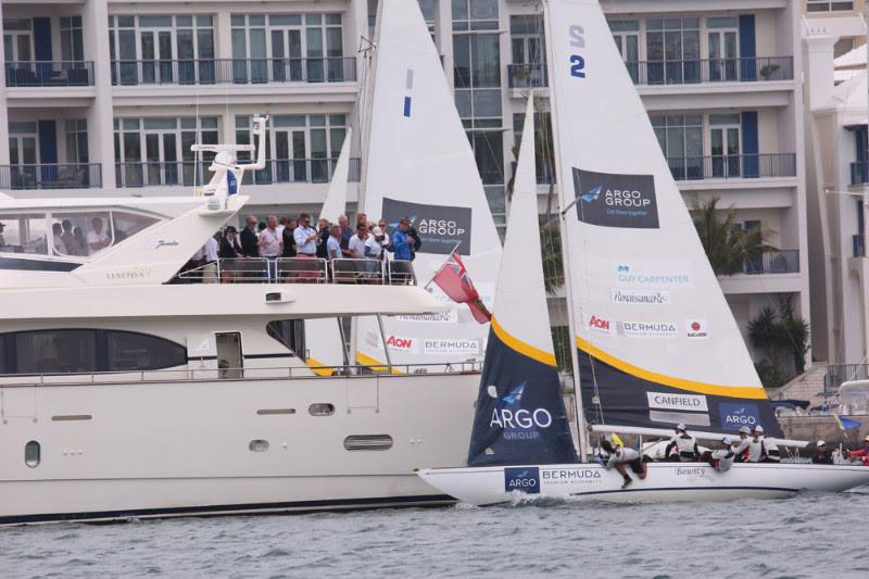 Taylor Canfield (Boat 2) sails over the top of the VIP hospitality boat while Lucy Macgregor is forced to sail to leeward. That gave Canfield a slim lead after both boats tacked to starboard in the deciding Race 4 of their Semifinal match - photo © Charles Anderson / RBYC