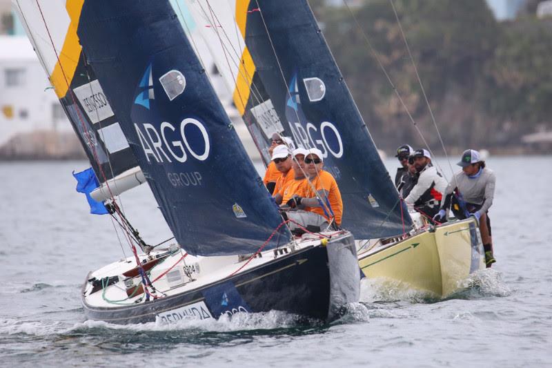 Johnie Berntsson's crew (left) lead Taylor Canfield's early in Race 1 of the Final of the Argo Group Gold Cup before Canfield came back to claim the win photo copyright Charles Anderson / RBYC taken at Royal Bermuda Yacht Club and featuring the Match Racing class