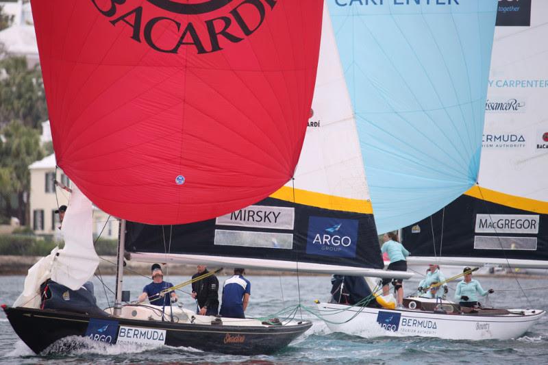 Torvar Mirsky leads Lucy Macgregor on a downwind leg in Race 1 of the Petite Final, which he would win to open a 1-0 lead- Argo Group Gold Cup 2018 photo copyright Charles Anderson / RBYC taken at Royal Bermuda Yacht Club and featuring the Match Racing class