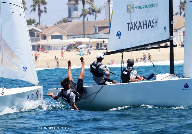 Leonard Takahashi being knocked overboard by Harry Price in 2017 Governor's Cup semi-finals. Both return this year photo copyright Mary Longpre taken at Balboa Yacht Club and featuring the Match Racing class