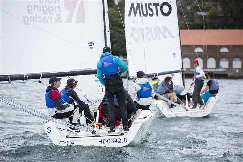 CYCA's Finn Tapper in a tight race against RPAYC's Niall Powers in the petit finals - Sharp Australian Youth Match Racing Championship 2018 - photo © Cruising Yacht Club of Australia