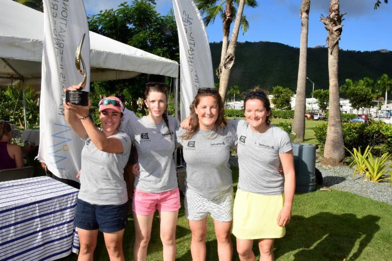 France’s Pauline Courtois (far left) and her Match in Pink by Normandy Elite Team of Maëlenn Lemaître (third from right), Louise Acker (second from right) and Sophie Faguet (far right). Winners of the 2018 WIM Series Finale at Carlos Aguilar Match Race photo copyright Dean Barnes taken at St. Thomas Yacht Club and featuring the Match Racing class