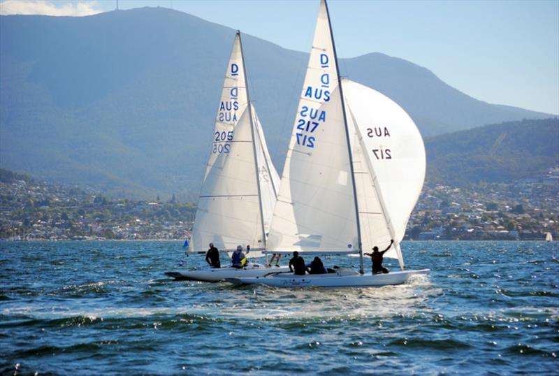 Sayonara Cup winner Whimsical (sail 217) and defender Karabos IX running downwind in Saturday match race series on the River Derwent photo copyright Penny Conacher taken at  and featuring the Match Racing class