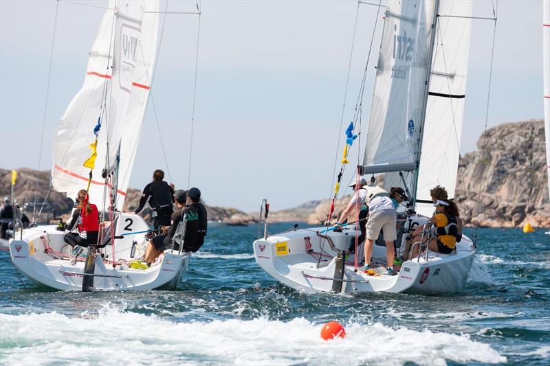Nicolai Sehested and his Gringo Sailing Team won all their matches but one on day two of Midsummer Match Cup (left is Chris Poole (USA) and Riptide Racing) photo copyright Joachim Bråse? taken at  and featuring the Match Racing class