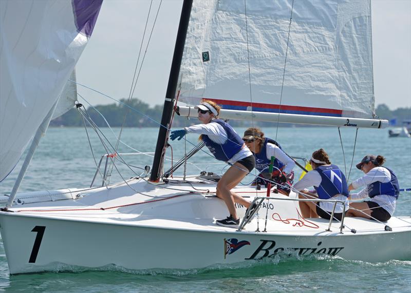 The winning crew (from left) Ali Blumenthal, Krysia Pohl, Beka Schiff and Allie Blecher complete a roll jibe during the first day of racing at the U.S. Women's Match Racing Championship photo copyright Martin Chumiecki / Element Photography taken at Bayview Yacht Club and featuring the Match Racing class