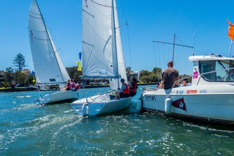 A close start with MYC teams Danielle Kennedy (right) and Sarah Johnson (left) - Australian Women's Match Racing Championship photo copyright Kerry Lorimer taken at Mooloolaba Yacht Club and featuring the Match Racing class