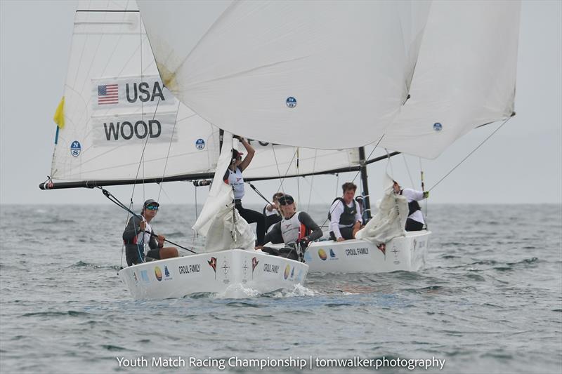 David Wood with Max Mayol, Daniel Pegg, Marbella Marlo (USA) and Emil Kjaer with crew Mads Poder Witzke, Bastian Baech Sorensen, Ellen Schouw Nielsen - Youth Match Racing World Championship 2021 photo copyright Tom Walker taken at Balboa Yacht Club and featuring the Match Racing class