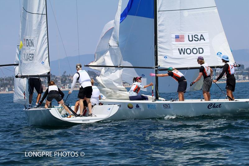 Emil Kjaer with crew Mads Poder Witzke, Bastian Baech Sorensen, Ellen Schouw Nielsen (DEN) and David Wood with Max Mayol, Daniel Pegg, Marbella Marlo (USA) - Youth Match Racing Worlds 2021  photo copyright Mary Longpre, Longpre Photos taken at Balboa Yacht Club and featuring the Match Racing class