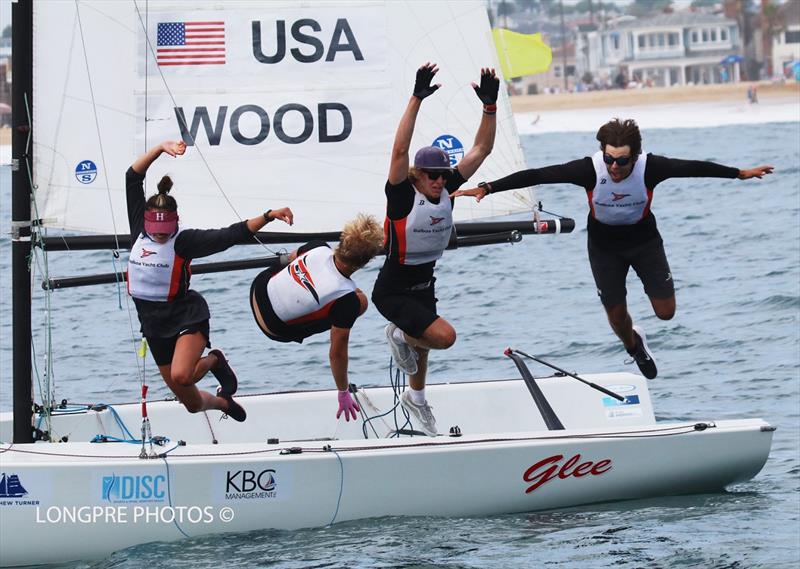 Victory splash! Marbella Marlo, Max Mayol, Daniel Pegg and David Wood (USA) - Youth Match Racing Worlds 2021 photo copyright Mary Longpre, Longpre Photos taken at Balboa Yacht Club and featuring the Match Racing class