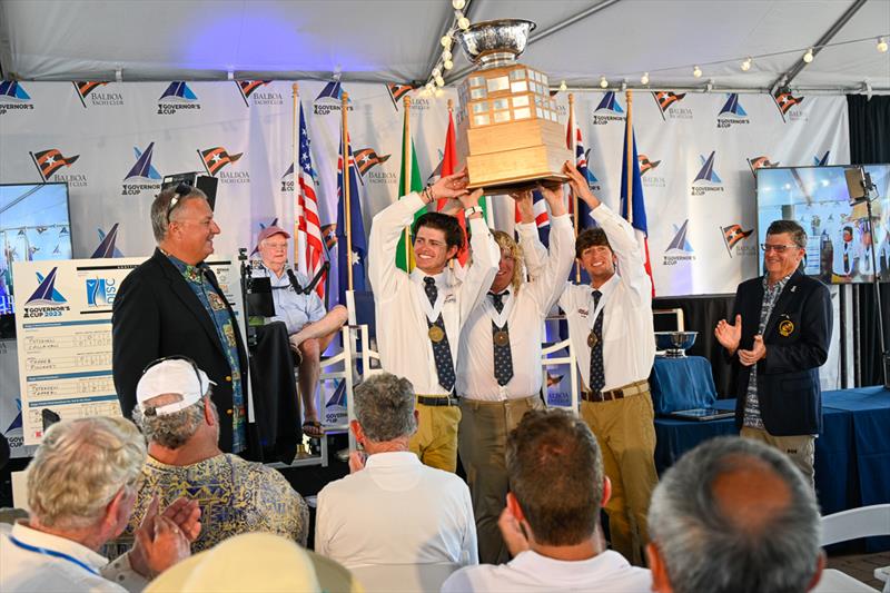 Balboa Yacht Club Vice Commodore Randy Taylor with Jeffrey Petersen (USA) and his crew, Max Brennan (USA) and Enzo Menditto (USA), with Rear Commodore Brett Hemphill - 56th Governor's Cup photo copyright Tom Walker Photography taken at Balboa Yacht Club and featuring the Match Racing class