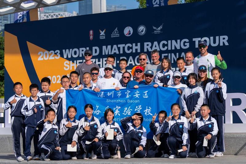 Students from the Shenzhen Baoan Haile Experimental School meeting the WMRT skippers and teams today to watch the teams prepare for racing - 2023 World Match Racing Tour Final, Day 3 photo copyright Ian Roman / WMRT taken at  and featuring the Match Racing class