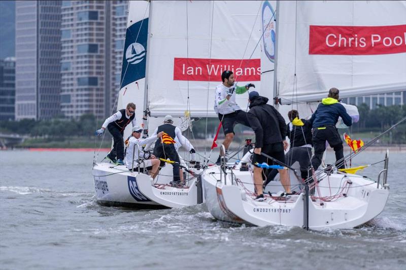 Ian Williams (GBR) Chinaone.Ningbo (crew Jon Gundersen, Richard Sydenham, and Gerrard Mitchell) vs Chris Poole (USA) Riptide Racing (crew Joachim Aschenbrenner, Tomas Dietrich, Bernardo Freitas) - 2023 World Match Racing Tour Final, Day 4 photo copyright Ian Roman / WMRT taken at  and featuring the Match Racing class