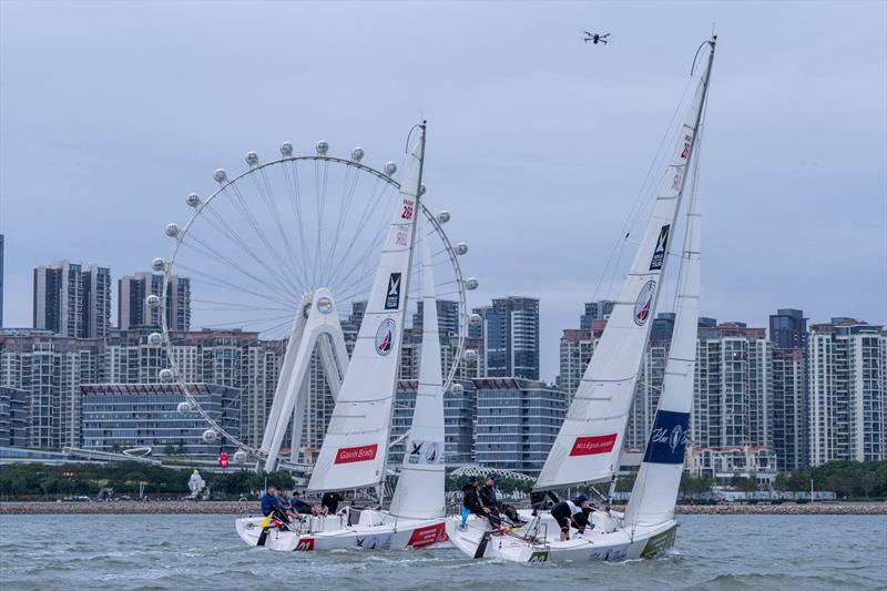 Gavin Brady (USA) True Blue Racing (crew Nick Blackman, Tom Powrie, Dave Swete)  and Nick Egnot-Johnson (NZL) KNOTS Racing (crew Sam Barnett, Bradley McLaughlin, Zak Merton) - 2023 World Match Racing Tour Final, Day 4 photo copyright Ian Roman / WMRT taken at  and featuring the Match Racing class