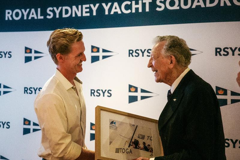 Sir James Hardy presenting Robbie McCutcheon (RNZYS, OSC) with a gift at the 2023 Hardy Cup Closing Ceremony photo copyright Darcie Collington Photography taken at Royal Sydney Yacht Squadron and featuring the Match Racing class