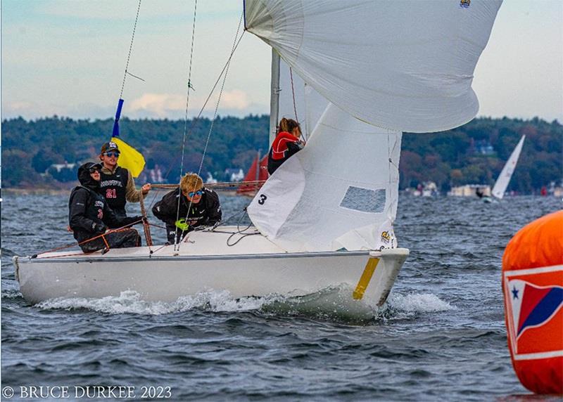 Liam O'Keefe hard at work with his winning Brown University crew from U.S. Intercollegiate Match Racing Championship from left to right, Guthrie Braun, O'Keefe, Cam Spriggs and Carly Costikyan on the bow photo copyright Bruce Durkee taken at Balboa Yacht Club and featuring the Match Racing class