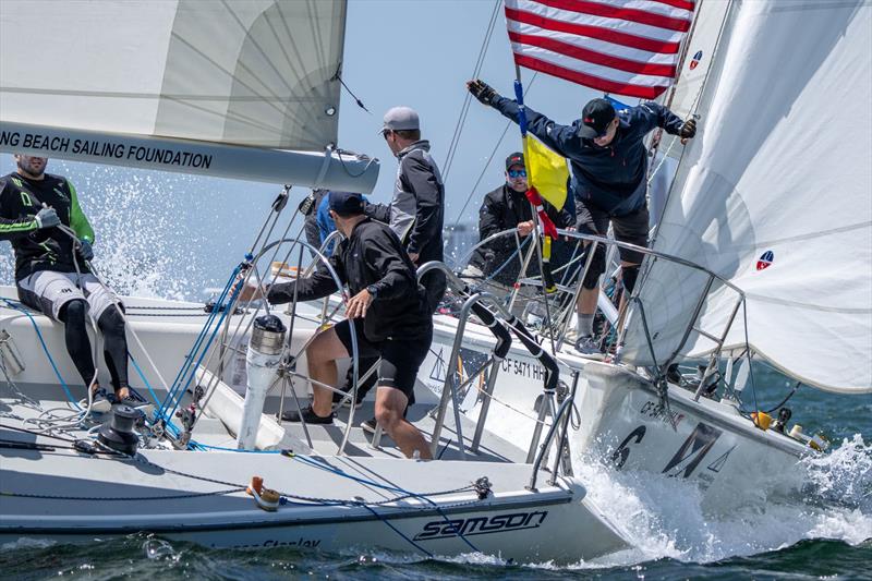 Defending champion Chris Poole (USA) Riptide Racing leads Scotty Dickson (USA) in a tense prestart on 59th Congressional Cup Day 1 photo copyright Ian Roman / WMRT taken at Long Beach Yacht Club and featuring the Match Racing class