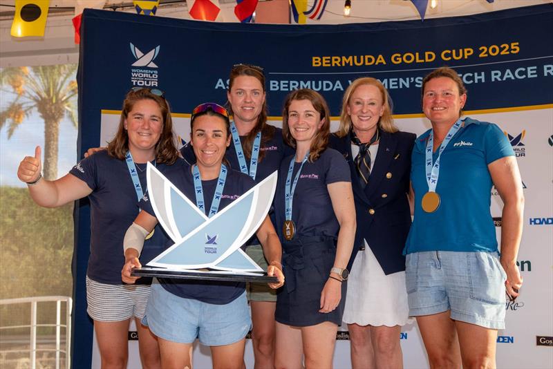 2025 Bermuda Gold Cup - 025 Overall Women's World Match Racing Tour Champions Match in Pink by Normandy Elite Team (from left to right Louise Acker, Pauline Courtois, Laurane Mettraux, Maelenn Lemaitre, Rebecca Roberts/ RBYC Commodore, Claire Pruvot) - photo © Ian Roman / WMRT