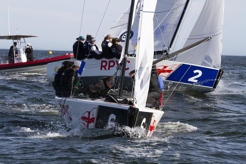 Harriet McLachlan CYCA (6 black) Nia Jerwood FSC (2 Blue) - Australian Women's Match Racing Championship photo copyright Bernie Kaaks taken at Fremantle Sailing Club and featuring the Match Racing class