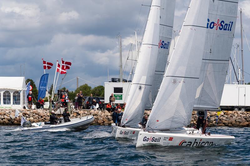 Close action just metres from the sea wall on Middelfart Marina at the 2023 Women's Matchracing World Championship - photo © Mick Anderson