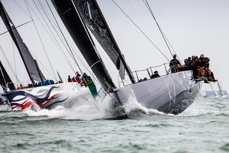 Sorcha and Wizard exit the Solent after the start of a record-breaking 2019 Rolex Fastnet Race photo copyright Paul Wyeth / RORC taken at Royal Ocean Racing Club and featuring the Maxi 72 Class class