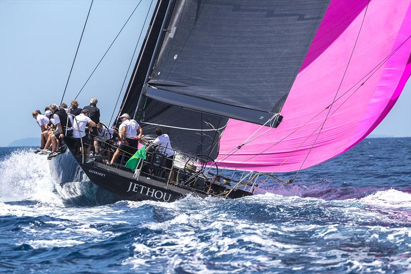 Sir Peter Ogden's turboed Maxi 72 Jethou, downwind at 20  knots - 2018 Rolex Capri Sailing Week photo copyright Gianfranco Forza taken at Yacht Club Capri and featuring the Maxi 72 Class class